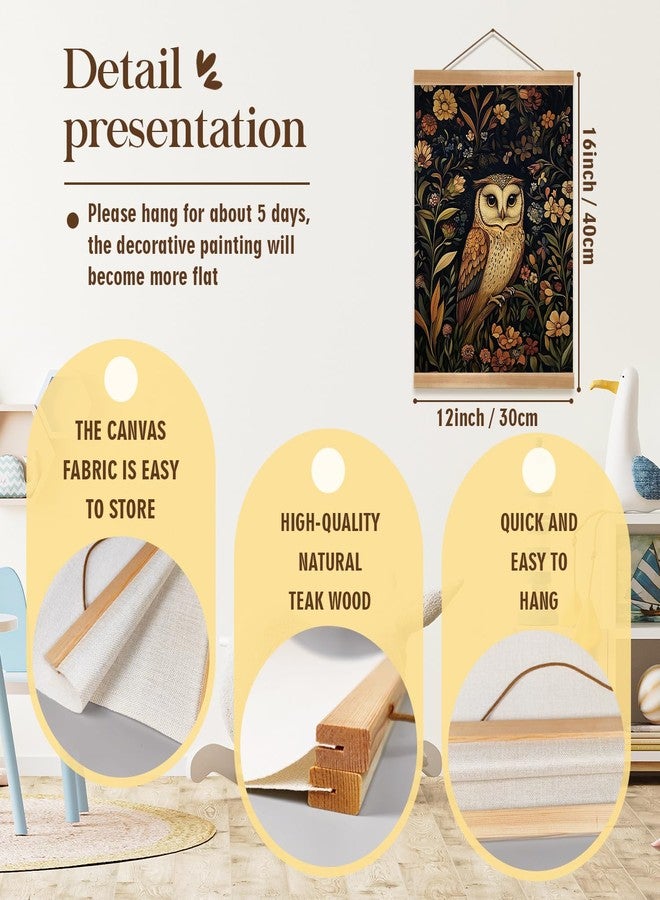 ZTGDA William Morris Style Owl Wall Art,Linen Canvas Posters Prints with Wooden Frame,Retro Animal and Flowers Wall Decor for Living Room,Bedroom 12x16inch (Retro color-Owl02) - Image 2